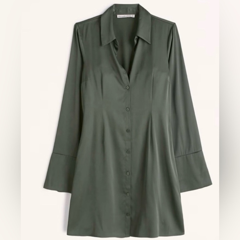 Abercrombie Olive Green Satin Mini Shirt Dress - Size Small